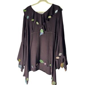 HolyClothing Tunic Top Womens 2X Brown Good Embroidered Leaf Boho Bell Sleeve